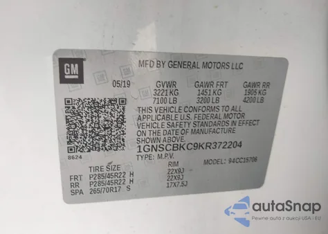 2019 Chevrolet Tahoe Lt z USA, uszkodzony, nr VIN 1GNSCBKC9KR372204